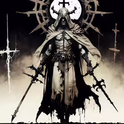 a drawing of a templar man in armor standing near a clock