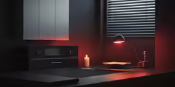 an empty black kitchen with red lighting and a lamp