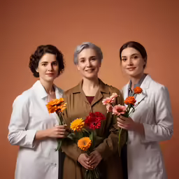 three people in white lab coats holding flowers