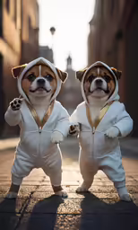 two dogs in white ones standing on bricked street