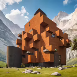 orange building with unusual facade near mountain pass