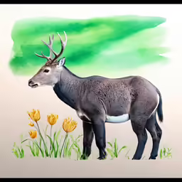a painting of a deer standing next to a field