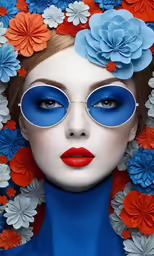 a woman with bright blue eyes is surrounded by blue and orange flowers