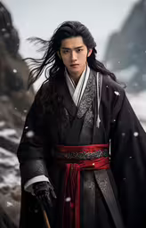the man in the oriental costume poses with his sword,a man wearing an oriental outfit on top of a hill