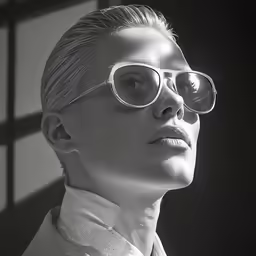 a woman in white shirt wearing sunglasses in black and white