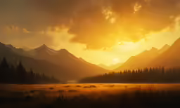 a grassy meadow in front of mountains at sunset