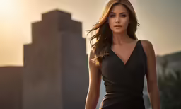 a woman standing in the sun with a city skyline in the background