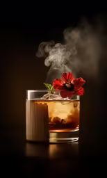 the steaming alcohol on a wooden table is near a hot beverage