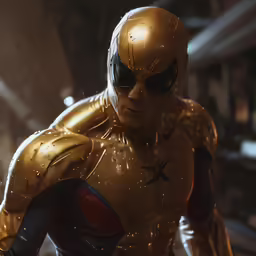 an alien man in gold suit with black eye glasses