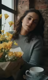 woman holding yellow flowers by the window