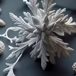 a flower with green leaves is on a table