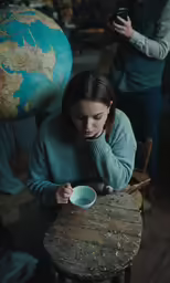a woman looks at a bowl while holding the phone