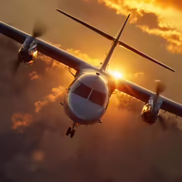 a plane with four propellers coming in for a landing