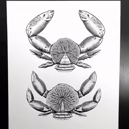 a black and white drawing of two crabs