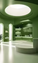 a modern room with round ceiling lighting and green lighting