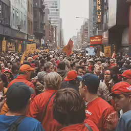 people gathered on the side walk to watch a parade