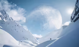 snow covered mountains under the moon, under a bright blue sky