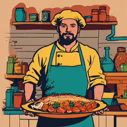 a man holding a plate full of food,man with blue apron holding plate of food in kitchen