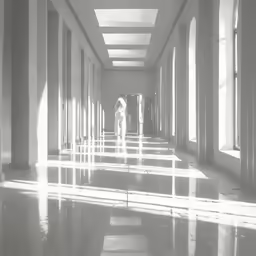 a long hallway that has columns on the side and one in the middle of it