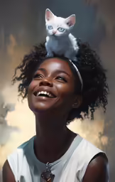 a woman in white top with cat on top of her head