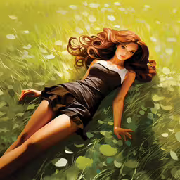 a drawing of a woman in black dress laying in grass,an illustrated illustration of a woman laying on grass