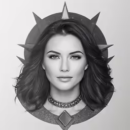 a woman with horns and pearls around her neck