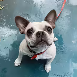 a dog with wet paws on a leash