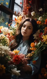 a beautiful woman holding a bunch of flowers