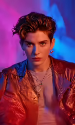 a woman wearing earrings and a leather jacket
