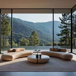 modern sofa and ottoman with panoramic glass wall