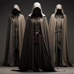 three hooded figures in different outfits