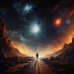 a lone person standing on a dirt path