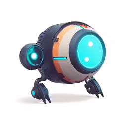 a robot with bright blue eyes and yellow legs