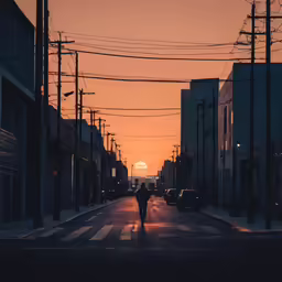 the setting sun is shining over the city with tall buildings