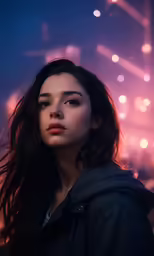 a woman with dark hair standing in front of a stage with lights