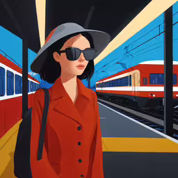 a woman with sunglasses and a hat standing near a train,an art print of a woman with sun glasses and a hat on standing by a train station