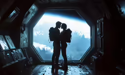 two people standing next to each other inside of a sci - fior