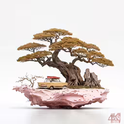 an old car is parked in front of a bonsai tree