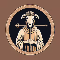 a goat with a crown in a round frame,a sheep in the middle of an oval holding a stick