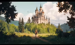 an image of a person walking on a trail with a castle in the background