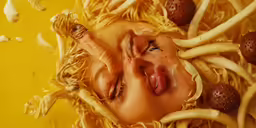 the woman has her head between the spaghetti noodles and strawberries