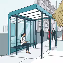 a city bus stop with people waiting for the train