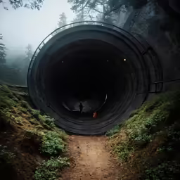 there is a man standing in the middle of the tunnel