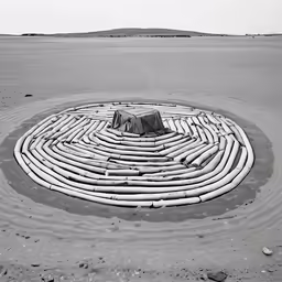 there is a large round sculpture made out of pipes