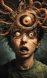 an evil woman stares up at the camera with a strange hairdow