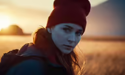 a woman standing in a field at sunset