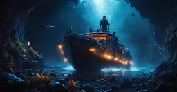 the underwater scene of a ship floating in the ocean