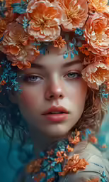 woman with flowery crown on head looking straight ahead