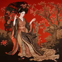 an asian woman in front of an oriental landscape