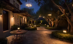 a courtyard with lights and benches in the middle